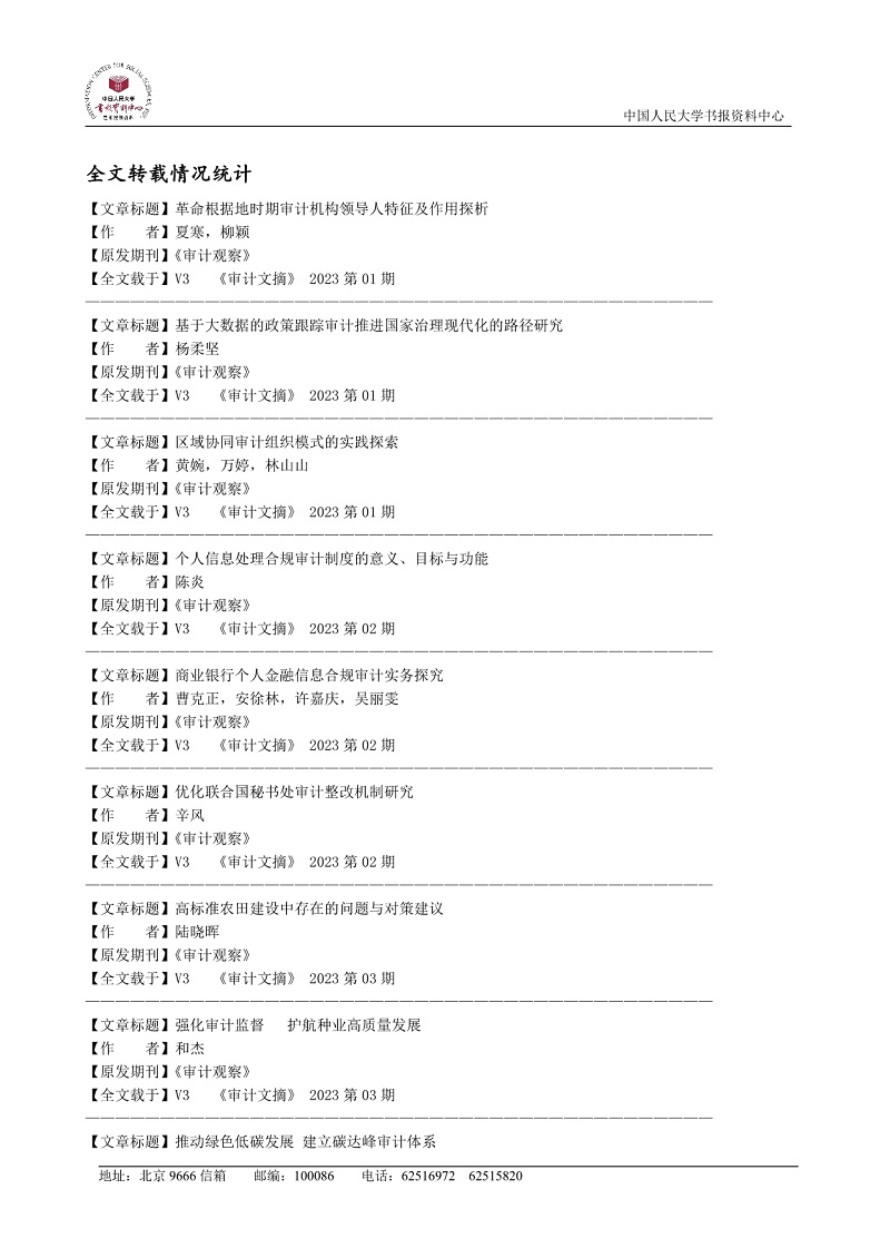 2023年“复印报刊资料”转载《审计观察》杂志统计