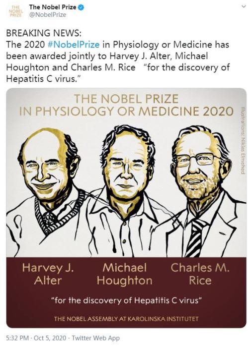 2020年诺贝尔生理学或医学奖揭晓 3位科学家获奖