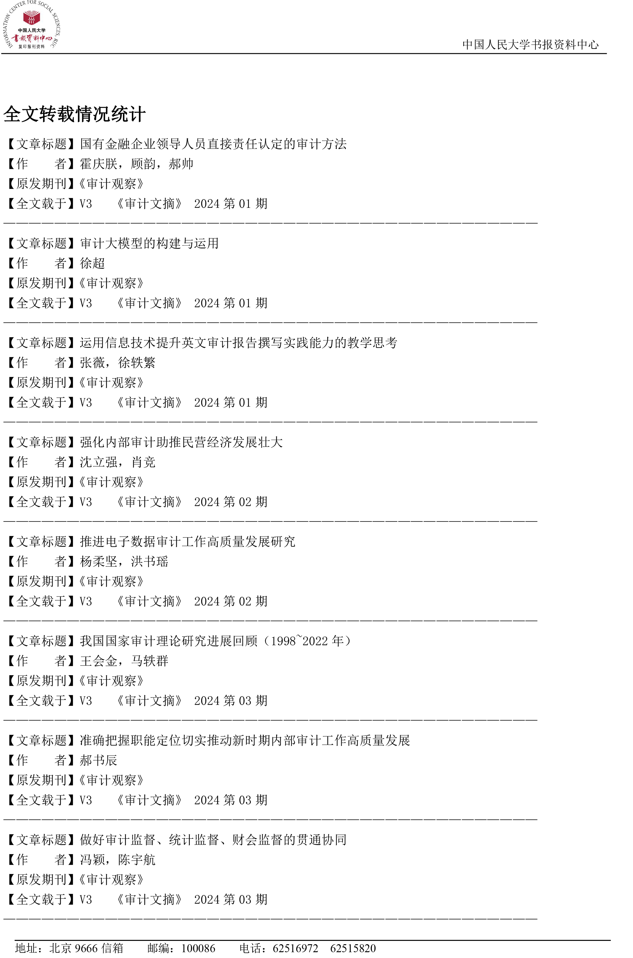 《审计观察》2024年“复印报刊资料”转载统计