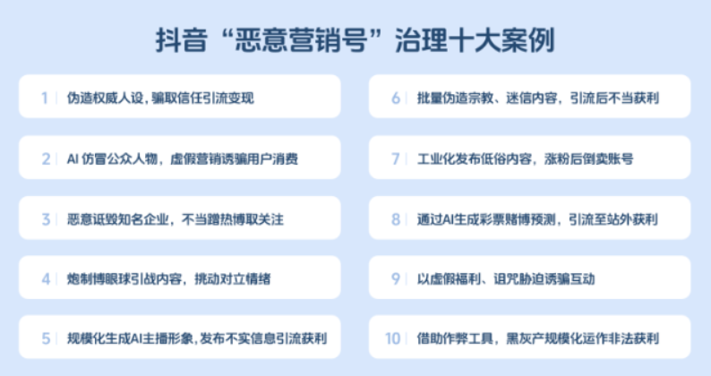 AI仿冒公众人物、恶意诋毁知名企业博流量，抖音曝光“恶意营销号”治理十大案例